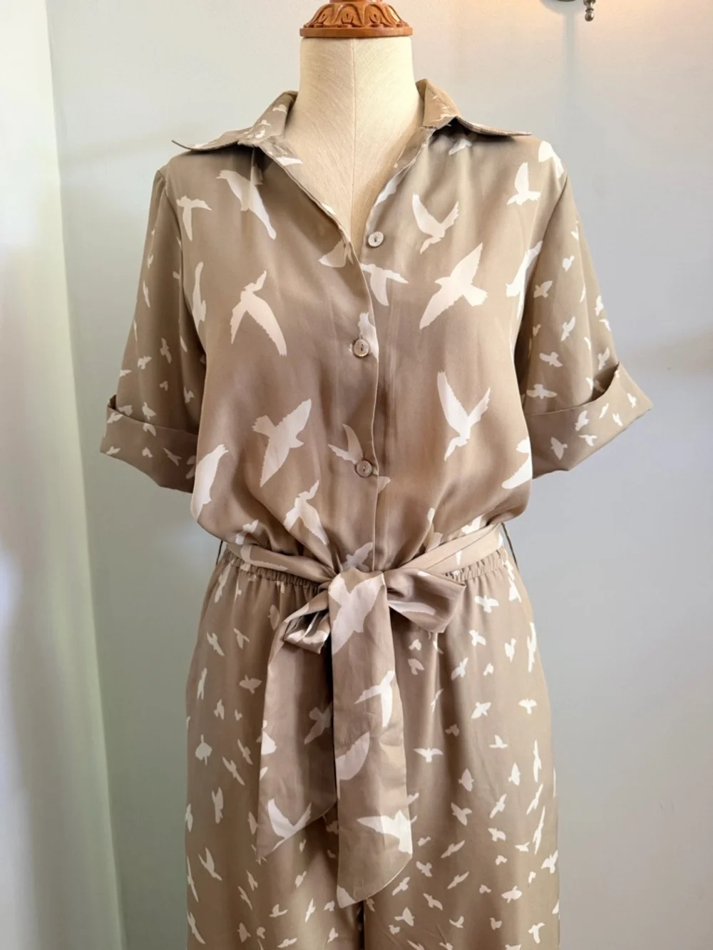 Corey Lynn Calter for Anthropologie Beige Bird-Print Tie-Waist Jumpsuit - Picture 2 of 9